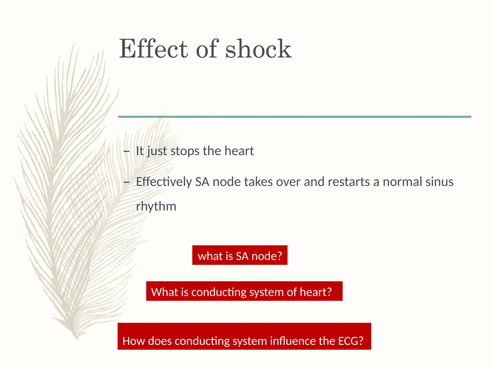 Effect of shock
– It just stops the heart
– Effectively SA node takes over and restarts a normal sinus
rhythm
what is SA node?
What is conducting system of heart?
How does conducting system influence the ECG?
 