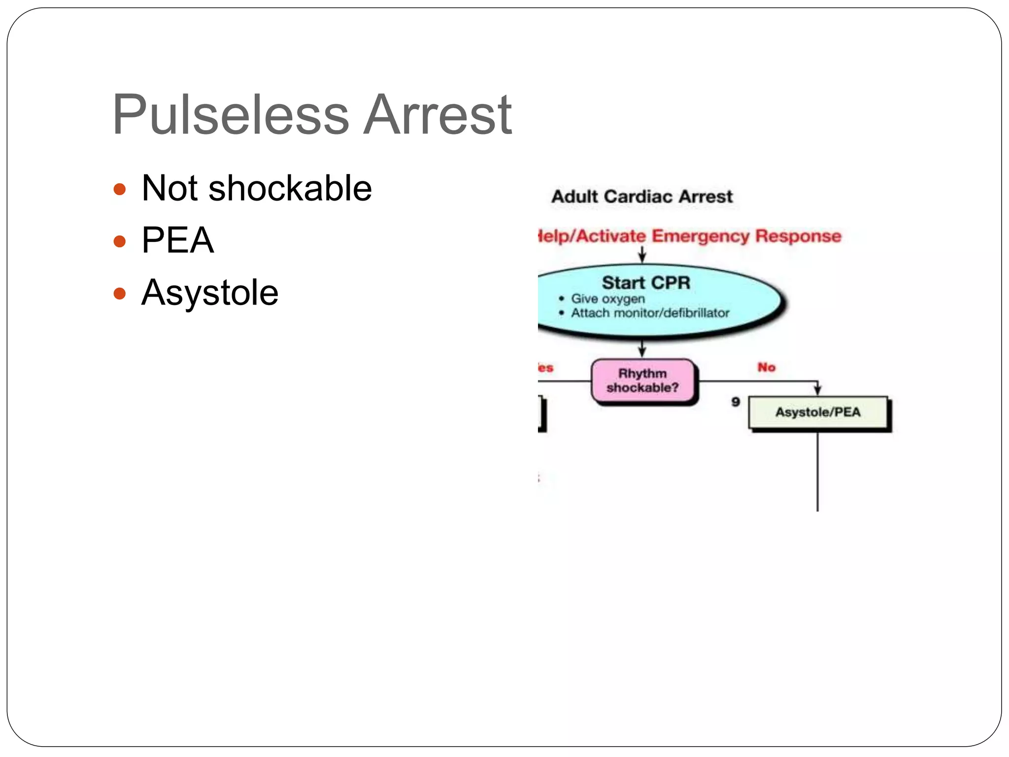 Pulseless Arrest
 Not shockable
 PEA
 Asystole
 