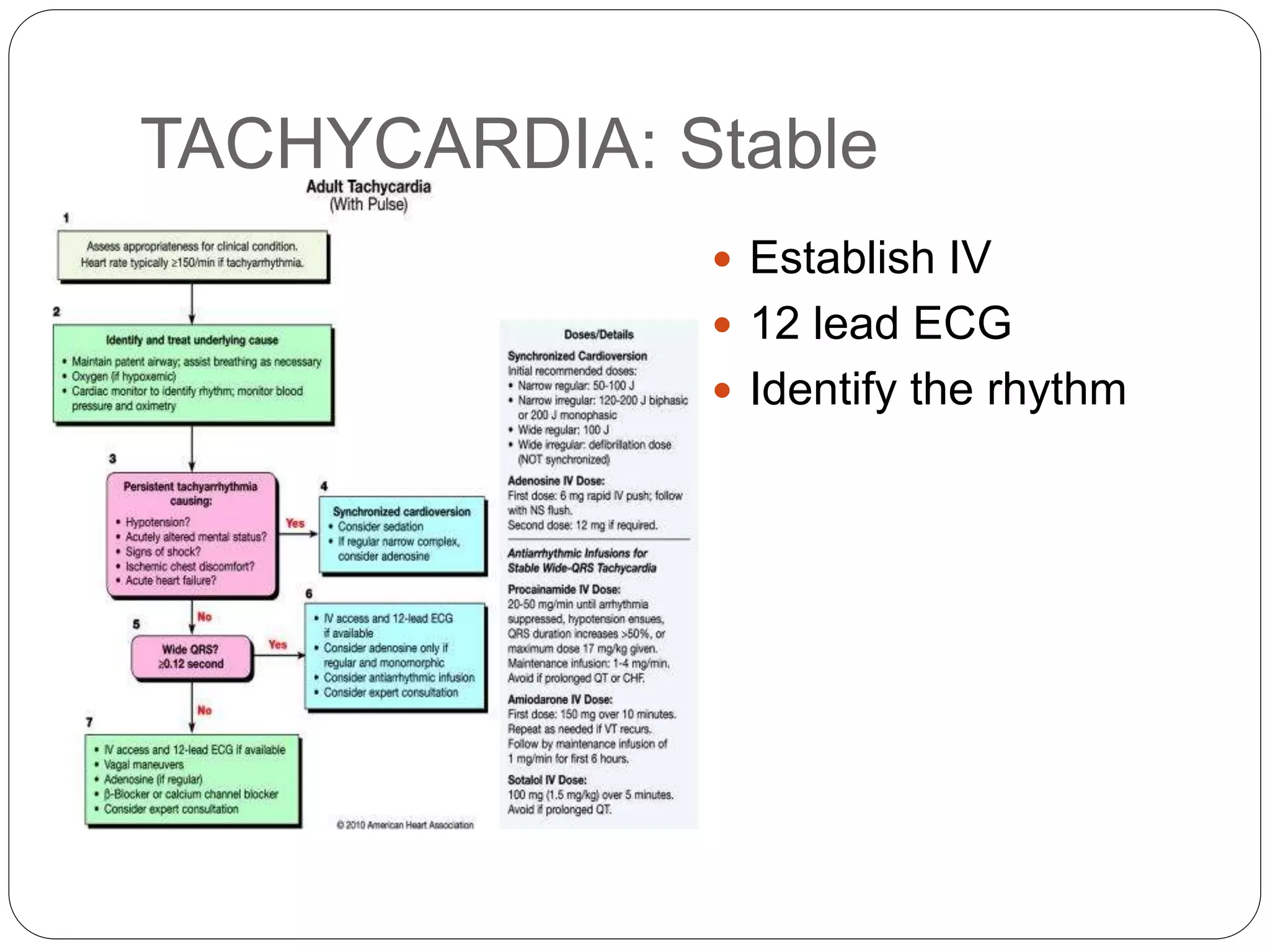 TACHYCARDIA: Stable
 Establish IV
 12 lead ECG
 Identify the rhythm
 