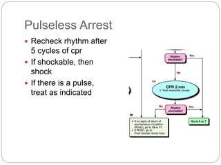 Pulseless Arrest
 Recheck rhythm after
5 cycles of cpr
 If shockable, then
shock
 If there is a pulse,
treat as indicated
 