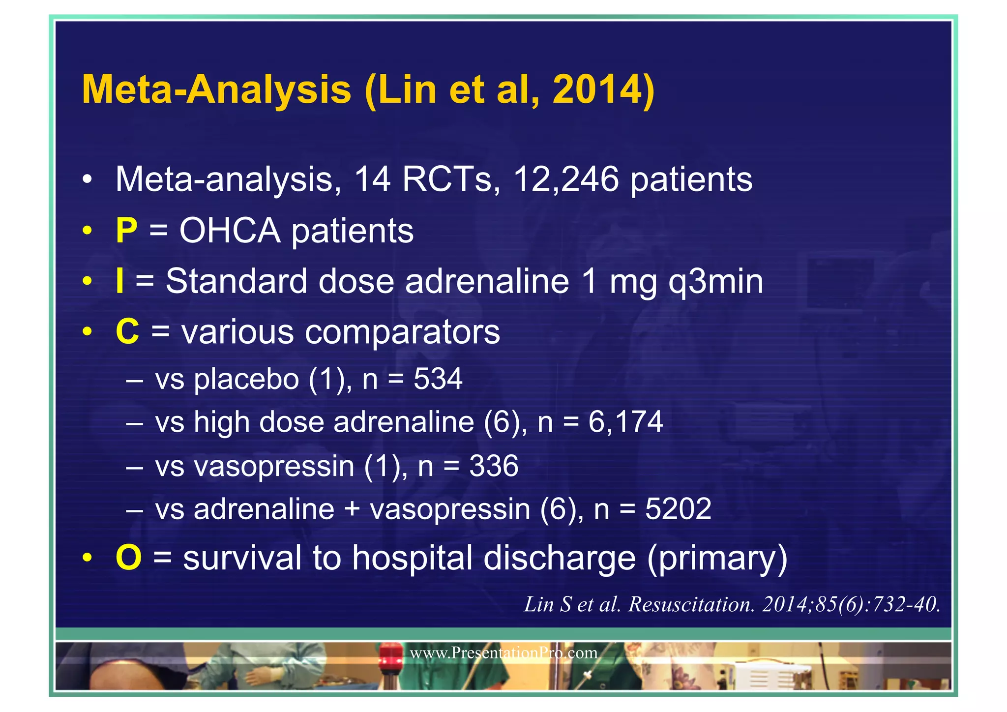 Meta-Analysis (Lin et al, 2014)
•  Meta-analysis, 14 RCTs, 12,246 patients
•  P = OHCA patients
•  I = Standard dose adrenaline 1 mg q3min
•  C = various comparators
–  vs placebo (1), n = 534
–  vs high dose adrenaline (6), n = 6,174
–  vs vasopressin (1), n = 336
–  vs adrenaline + vasopressin (6), n = 5202
•  O = survival to hospital discharge (primary)
www.PresentationPro.com
Lin S et al. Resuscitation. 2014;85(6):732-40.
 