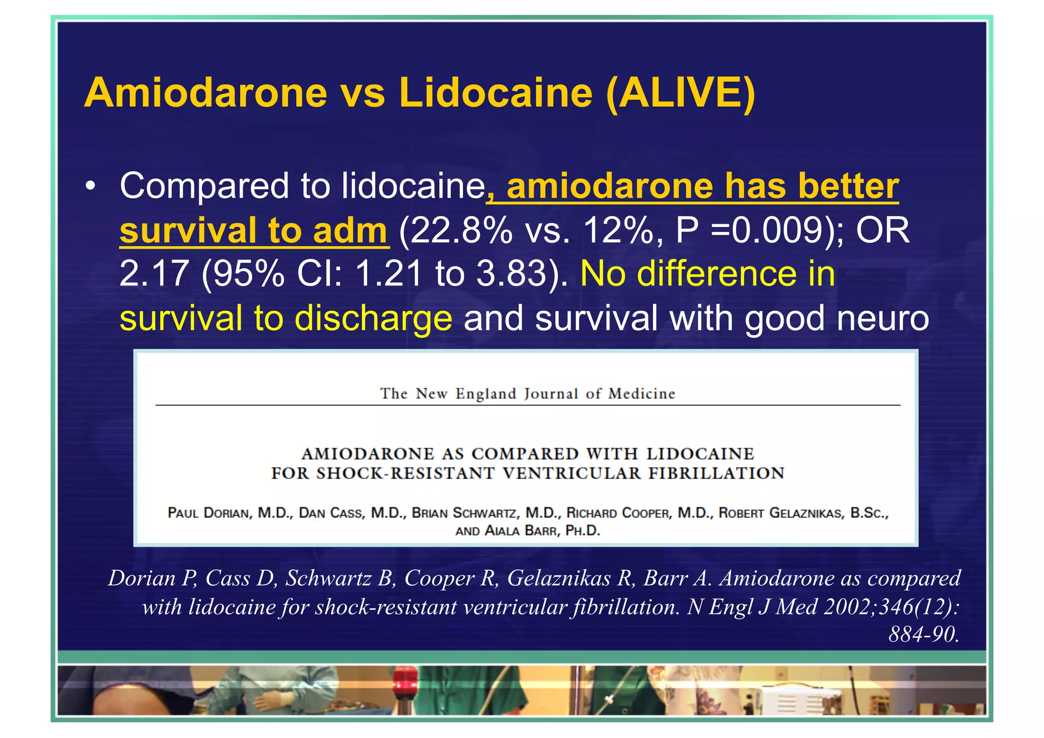 Amiodarone vs Lidocaine (ALIVE)
•  Compared to lidocaine, amiodarone has better
survival to adm (22.8% vs. 12%, P =0.009); OR
2.17 (95% CI: 1.21 to 3.83). No difference in
survival to discharge and survival with good neuro
Dorian P, Cass D, Schwartz B, Cooper R, Gelaznikas R, Barr A. Amiodarone as compared
with lidocaine for shock-resistant ventricular fibrillation. N Engl J Med 2002;346(12):
884-90.
 