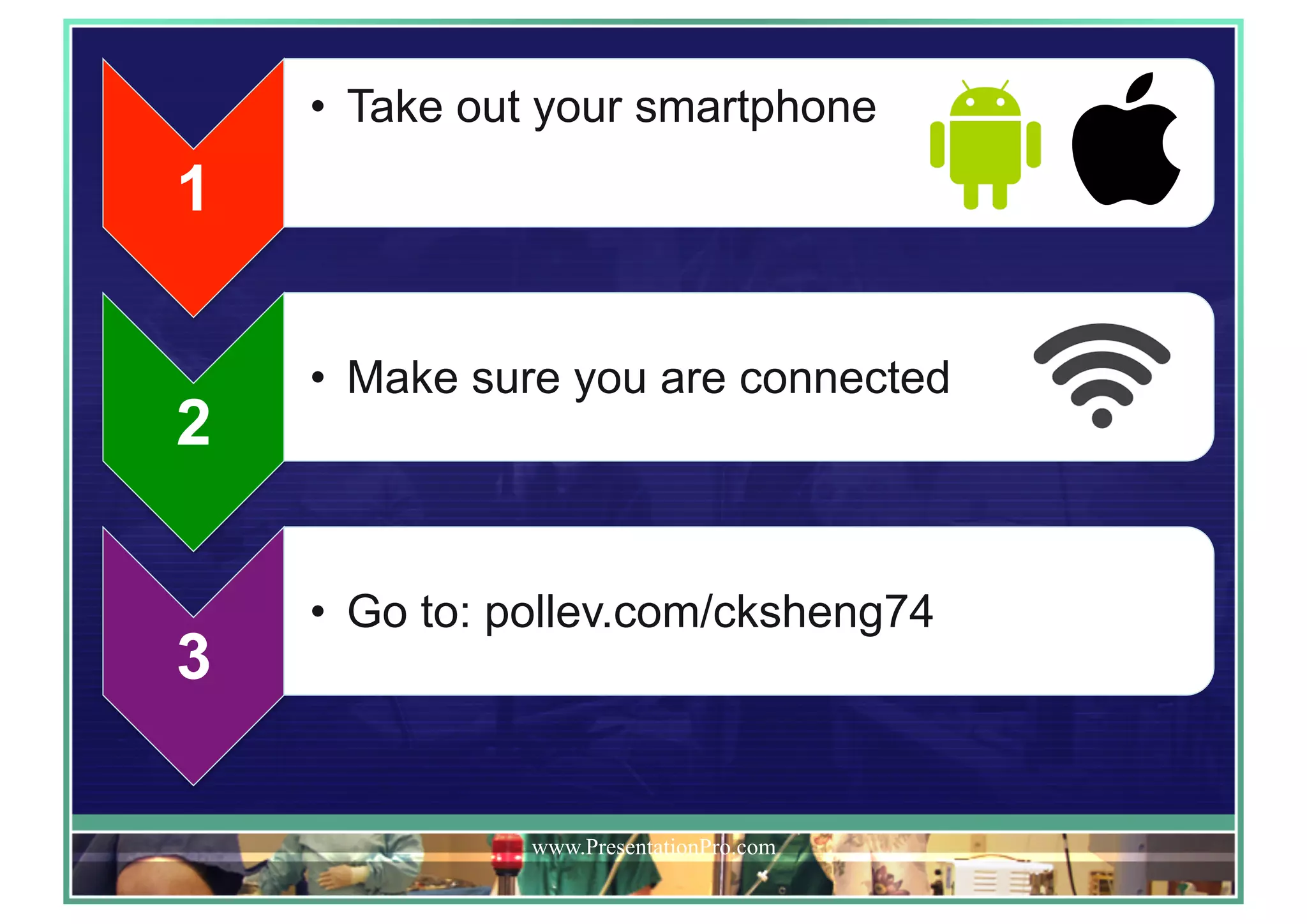 1
•  Take out your smartphone
2
•  Make sure you are connected
3
•  Go to: pollev.com/cksheng74
www.PresentationPro.com
 