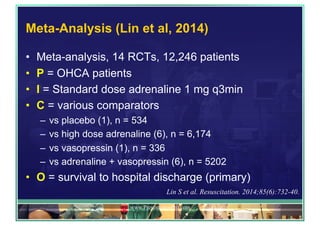 Meta-Analysis (Lin et al, 2014)
•  Meta-analysis, 14 RCTs, 12,246 patients
•  P = OHCA patients
•  I = Standard dose adrenaline 1 mg q3min
•  C = various comparators
–  vs placebo (1), n = 534
–  vs high dose adrenaline (6), n = 6,174
–  vs vasopressin (1), n = 336
–  vs adrenaline + vasopressin (6), n = 5202
•  O = survival to hospital discharge (primary)
www.PresentationPro.com
Lin S et al. Resuscitation. 2014;85(6):732-40.
 