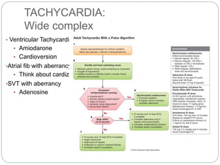 TACHYCARDIA:
Wide complex
• Ventricular Tachycardia
• Amiodarone
• Cardioversion
•Atrial fib with aberrancy
• Think about cardizem
•SVT with aberrancy
• Adenosine
 