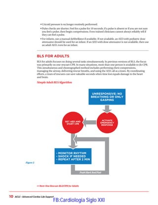 ACLS – Advanced Cardiac Life Support
10
• Cricoid pressure is no longer routinely performed.
• 
Pulse checks are shorter. Feel for a pulse for 10 seconds; if a pulse is absent or if you are not sure
you feel a pulse, then begin compressions. Even trained clinicians cannot always reliably tell if
they can feel a pulse.
• 
For infants, use a manual defibrillator if available. If not available, an AED with pediatric dose
attenuator should be used for an infant. If an AED with dose attenuator is not available, then use
an adult AED, even for an infant.
BLS FOR ADULTS
BLS for adults focuses on doing several tasks simultaneously. In previous versions of BLS, the focus
was primarily on one-rescuer CPR. In many situations, more than one person is available to do CPR.
This simultaneous and choreographed method includes performing chest compressions,
managing the airway, delivering rescue breaths, and using the AED, all as a team. By coordinating
efforts, a team of rescuers can save valuable seconds when time lost equals damage to the heart
and brain.
SimpleAdult BLSAlgorithm
 Next: One-Rescuer BLS/CPR for Adults
- MONITOR RHYTHM
- SHOCK IF NEEDED
- REPEAT AFTER 2 MIN
GET AED AND
START CPR
ACTIVATE
EMERGENCY
RESPONSE
UNRESPONSIVE: NO
BREATHING OR ONLY
GASPING
PushHardAndFast
Figure 3
FB:Cardiologia Siglo XXI
 