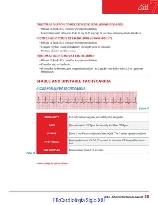 ACLS – Advanced Cardiac Life Support 55
ACLS
CASES
IRREGULAR NARROW COMPLEXTACHYCARDIA (PROBABLEA-FIB)
• Obtain 12-lead ECG; consider expert consultation.
• 
Control rate with diltiazem 15 to 20 mg (0.25 mg/kg) IV over two minutes or beta-blockers.
REGULARWIDE COMPLEXTACHYCARDIA (PROBABLEVT)
• Obtain 12-lead ECG; consider expert consultation.
• Convert rhythm using amiodarone 150 mg IV over 10 minutes.
• Perform elective cardioversion.
IRREGULARWIDE COMPLEXTACHYCARDIA
• Obtain 12-lead ECG; consider expert consultation.
• Consider anti-arrhythmic.
• 
IfTorsades de Pointes, give magnesium sulfate 1 to 2 gm IV; may follow with 0.5 to 1 gm over
60 minutes.
STABLE AND UNSTABLE TACHYCARDIA
RULES FOR SINUS TACHYCARDIA
 Next: Rules for Atrial Flutter
Figure 37
Table 15
REGULARITY R-R intervals are regular,overall rhythm is regular.
RATE The rate is over 100 bpm but usually less than 170 bpm.
P WAVE There is one P wave in front of every QRS.The P waves appear uniform.
PR INTERVAL
Measures between 0.12-0.20 seconds in duration.PR interval is consis-
tent.
QRS COMPLEX Measures less than 0.12 seconds.
FB:Cardiologia Siglo XXI
 