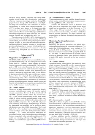 Link et al Part 7: Adult Advanced Cardiovascular Life Support S445
advanced airway devices, ventilation rate during CPR,
exhaled carbon dioxide (CO2
) detection for conﬁrmation
of airway placement, physiologic monitoring during CPR,
prognostication during CPR, deﬁbrillation, antiarrhyth-
mic drugs, and vasopressors. The 2 new topics are steroids
and hormones in cardiac arrest, and extracorporeal CPR
(ECPR), perhaps better known to the inpatient provider
community as extracorporeal life support (ECMO). The
2010 Guidelines Part on electrical therapies (deﬁbrillation
and emergency pacing) has been eliminated, and relevant
material from it is now included in this ACLS Part.
The major changes in the 2015 ACLS guidelines include
recommendations about prognostication during CPR based
on exhaled CO2
measurements, timing of epinephrine admin-
istration stratiﬁed by shockable or nonshockable rhythms,
and the possibility of bundling treatment of steroids, vaso-
pressin, and epinephrine for treatment of in-hospital arrests.
In addition, the administration of vasopressin as the sole
vasoactive drug during CPR has been removed from the
algorithm.
Adjuncts to CPR
Oxygen Dose During CPRALS 889
The 2015 ILCOR systematic review considered inhaled oxy-
gen delivery both during CPR and in the post–cardiac arrest
period. This 2015 Guidelines Update evaluates the optimal
inspired concentration of oxygen during CPR. The immediate
goals of CPR are to restore the energy state of the heart so it
can resume mechanical work and to maintain the energy state
of the brain to minimize ischemic injury. Adequate oxygen
delivery is necessary to achieve these goals. Oxygen delivery
is dependent on both blood ﬂow and arterial oxygen content.
Because blood ﬂow is typically the major limiting factor to
oxygen delivery during CPR, it is theoretically important to
maximize the oxygen content of arterial blood by maximizing
inspired oxygen concentration. Maximal inspired oxygen can
be achieved with high-ﬂow oxygen into a resuscitation bag
device attached to a mask or an advanced airway.
2015 Evidence Summary
There were no adult human studies identiﬁed that directly
compared maximal inspired oxygen with any other inspired
oxygen concentration. However, 1 observational study of
145 OHCA patients evaluated arterial PO2
measured dur-
ing CPR and cardiac arrest outcomes.5
In this study, during
which all patients received maximal inspired oxygen con-
centration, patients were divided into low, intermediate, and
high arterial Po2
ranges (less than 61, 61–300, and greater
than 300 mmHg, respectively). The higher ranges of arterial
Po2
during CPR were associated with an increase in hospi-
tal admission rates (low, 18.8%; intermediate, 50.6%; and
high, 83.3%). However, there was no statistical difference in
overall neurologic survival (low, 3.1%; intermediate, 13.3%;
and high, 23.3%). Of note, this study did not evaluate the
provision of various levels of inspired oxygen, so differences
between groups likely reﬂect patient-level differences in CPR
quality and underlying pathophysiology. This study did not
ﬁnd any association between hyperoxia during CPR and poor
outcome.
2015 Recommendation—Updated
When supplementary oxygen is available, it may be reason-
able to use the maximal feasible inspired oxygen concentra-
tion during CPR (Class IIb, LOE C-EO).
Evidence for detrimental effects of hyperoxia that
may exist in the immediate post–cardiac arrest period
should not be extrapolated to the low-flow state of CPR
where oxygen delivery is unlikely to exceed demand or
cause an increase in tissue Po2
. Therefore, until further
data are available, physiology and expert consensus sup-
port providing the maximal inspired oxygen concentration
during CPR.
Monitoring Physiologic Parameters
During CPRALS 656
Monitoring both provider performance and patient physi-
ologic parameters during CPR is essential to optimizing CPR
quality. The 2010 Guidelines put a strong emphasis on CPR
quality. In 2013, the AHA published a Consensus Statement
focused on strategies to improve CPR quality.6
In 2015, the
ILCOR ACLS Task Force evaluated the available clinical
evidence to determine whether using physiologic feedback
to guide CPR quality improved survival and neurologic
outcome.
2015 Evidence Summary
Animal and human studies indicate that monitoring physi-
ologic parameters during CPR provides valuable informa-
tion about the patient’s condition and response to therapy.
Most important, end-tidal CO2
(ETCO2
), coronary perfusion
pressure, arterial relaxation pressure, arterial blood pres-
sure, and central venous oxygen saturation correlate with
cardiac output and myocardial blood ﬂow during CPR, and
threshold values have been reported below which return
of spontaneous circulation (ROSC) is rarely achieved.7–13
These parameters can be monitored continuously, without
interrupting chest compressions. An abrupt increase in any
of these parameters is a sensitive indicator of ROSC.14–31
There is evidence that these and other physiologic param-
eters can be modiﬁed by interventions aimed at improving
CPR quality.7,32–43
The 2015 ILCOR systematic review was unable to identify
any clinical trials that have studied whether titrating resuscita-
tive efforts to a single or combined set of physiologic param-
eters during CPR results in improved survival or neurologic
outcome.
2015 Recommendation—Updated
Although no clinical study has examined whether titrating
resuscitative efforts to physiologic parameters during CPR
improves outcome, it may be reasonable to use physiologic
parameters (quantitative waveform capnography, arterial
relaxation diastolic pressure, arterial pressure monitoring,
and central venous oxygen saturation) when feasible to
monitor and optimize CPR quality, guide vasopressor ther-
apy, and detect ROSC (Class IIb, LOE C-EO).
Previous guidelines speciﬁed physiologic parameter
goals; however, because the precise numerical targets for
these parameters during resuscitation have not as yet been
established, these were not speciﬁed in 2015.
by guest on October 15, 2015http://circ.ahajournals.org/Downloaded from
 