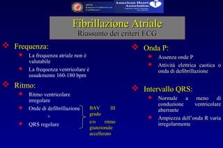  Frequenza:
 La frequenza atriale non è
valutabile
 La frequenza ventricolare è
usuakmente 160-180 bpm
 Ritmo:
 Ritmo ventricolare
irregolare
 Onde di defibrillazione
+
 QRS regolare
 Onda P:Onda P:
 Assenza onde PAssenza onde P
 Attività elettrica caotica oAttività elettrica caotica o
onda di defibrillazioneonda di defibrillazione
 Intervallo QRS:Intervallo QRS:
 Normale a meno diNormale a meno di
conduzione ventricolareconduzione ventricolare
aberranteaberrante
 Ampiezza dell’onda R variaAmpiezza dell’onda R varia
irregolarmenteirregolarmente
Fibrillazione AtrialeFibrillazione Atriale
Riassunto dei criteri ECGRiassunto dei criteri ECG
BAV IIIBAV III
gradogrado
e/o ritmoe/o ritmo
giunzionalegiunzionale
accelleratoaccellerato
 