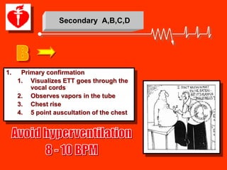 Secondary A,B,C,D




1.    Primary confirmation
     1. Visualizes ETT goes through the
         vocal cords
     2. Observes vapors in the tube
     3. Chest rise
     4. 5 point auscultation of the chest
 