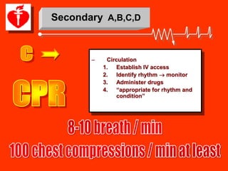 Secondary A,B,C,D



       –    Circulation
           1.   Establish IV access
           2.   Identify rhythm  monitor
           3.   Administer drugs
           4. “appropriate for rhythm and
                condition”
 