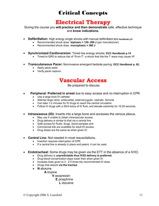 Critical Concepts
                           Electrical Therapy
During the course you will practice and then demonstrate safe, effective technique
                              and know indications.

•   Defibrillation: High energy single shocks with manual defibrillator:ECC handbook p.9
       •   Recommended shock dose: biphasic = 120- 200 J (per manufacturer)
       •   Recommended shock dose: monophasic = 360 J


•   Synchronized Cardioversion: Timed low energy shocks: ECC Handbook p.14
       •   Timed to QRS to reduce risk of “R-on-T”: a shock that hits the T wave may cause VF


•   Transcutaneous Pacer: Noninvasive emergent bedside pacing: ECC Handbook p. 62.
       •   Apply pacer pads.
       •   Verify pacer capture.


                               Vascular Access
                                       Be prepared to discuss

•    Peripheral: Preferred in arrest due to easy access and no interruption in CPR
       •   Use a large bore IV catheter.
       •   Attempt large veins: antecubital, external jugular, cephalic, femoral
       •   Can take 1-2 minutes for IV drugs to reach the central circulation.
       •   Follow IV drugs with a 20ml bolus of IV fluid, and elevate extremity for 10-20 seconds.


•   Intraosseous (IO): Inserts into a large bone and accesses the venous plexus.
       •   May use if unable to obtain intravascular access.
       •   Drug delivery is similar to that via a central line.
       •   Safe access for fluids, drugs, blood samples and
       •   Commercial kits are available for adult IO access.
       •   Drug doses are the same as when given IV.


•   Central Line: Not needed in most resuscitations.
       •   Insertion requires interruption of CPR.
       •   If a central line is already in place and patent, it can be used.


•   Endotracheal: Some drugs may be given via the ETT in the absence of a IV/IO.
       •   Drug delivery is unpredictable thus IV/IO delivery is preferred.
       •   Drug blood concentration stays lower than when given IV.
       •   Increase dose given to 2 - 2.5 times the recommended IV dose.
       •   Drugs that absorb via the trachea:
       •   N aloxone
                A tropine
                      V asopressin
                        E pinephrine
                          L idocaine


© Copyright 2006 S. Lunsford                                                                         11
 