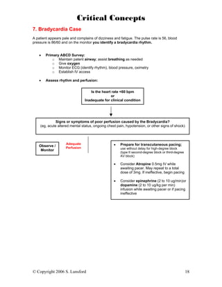 Critical Concepts
7. Bradycardia Case
A patient appears pale and complains of dizziness and fatigue. The pulse rate is 56, blood
pressure is 86/60 and on the monitor you identify a bradycardia rhythm.


    •   Primary ABCD Survey:
            o Maintain patent airway; assist breathing as needed
            o Give oxygen
            o Monitor ECG (identify rhythm), blood pressure, oximetry
            o Establish IV access

    •   Assess rhythm and perfusion:


                                    Is the heart rate <60 bpm
                                                or
                                Inadequate for clinical condition




              Signs or symptoms of poor perfusion caused by the Bradycardia?
    (eg, acute altered mental status, ongoing chest pain, hypotension, or other signs of shock)




    Observe /
                    Adequate                      •   Prepare for transcutaneous pacing;
                    Perfusion                         use without delay for high-degree block
     Monitor
                                                      (type II second-degree block or third-degree
                                                      AV block)

                                                  •   Consider Atropine 0.5mg IV while
                                                      awaiting pacer. May repeat to a total
                                                      dose of 3mg. If ineffective, begin pacing

                                                  •   Consider epinephrine (2 to 10 ug/min)or
                                                      dopamine (2 to 10 ug/kg per min)
                                                      infusion while awaiting pacer or if pacing
                                                      ineffective




© Copyright 2006 S. Lunsford                                                                         18
 