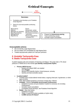 Critical Concepts
                                                Poor
                                              Perfusion



                     Reminders

 •    If pulseless arrest develops, go to Pulseless
      Arrest Algorithm.

 •    Search for and treat possible contributing
      factors:

 -Hypovolemia                -Toxins
 -Hypoxia                    -Tamponade, cardiac
 -Hydrogen Ion (acidosis)    -Tension pneumothorax
 -Hypo/hyperkalemia          -Thrombosis (coronary or
 -Hypoglycemia                pulmonary)                  •   Prepare for transvenous pacing
 -Hypothermia                -Trauma (hypovolemia,        •   Treat contributing causes
                              Increased ICP)              •   Consider expert consultation




Unacceptable actions:
         Did not identify a high-degree block
         Did not initiate TCP immediately for high-degree block
         Treated asymptomatic patient as if had poor perfusion


     8. Unstable Tachycardia Case
     9. Stable Tachycardia Case
     A patient appears pale and complains of dizziness and fatigue. The pulse rate is 170, blood
     pressure is 100/60 and on the monitor you identify a tachycardia rhythm.

         •   Primary ABCD Survey:
                 o Assess and support ABC’s as needed
                 o Give Oxygen
                 o Monitor ECG (identify rhythm), blood pressure, oximetry
                 o Identify and treat reversible causes

         •   Is patient stable?
                 Unstable signs include altered mental status, ongoing chest pain, hypotension, or other
                 signs of shock.
                 Note: Rate-related symptoms uncommon if heart rate <150/min
                 Unstable – Perform Immediate synchronized Cardioversion
                 o Establish IV access and give sedation if patient is conscious: do not delay
                     Cardioversion
                 o Consider expert consultation
                 o If pulseless arrest develops, see Pulseless Arrest Algorithm
             • Stable – See chart below.
                 o Establish IV access
                 o Obtain 12-lead ECG (when available or rhythm strip)
                 o Is QRS narrow (<0.12sec)?



     © Copyright 2006 S. Lunsford                                                                  19
 