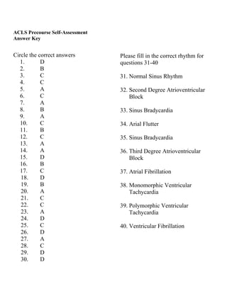 ACLS Precourse Self-Assessment
Answer Key


Circle the correct answers       Please fill in the correct rhythm for
   1.       D                    questions 31-40
   2.       B
   3.       C                    31. Normal Sinus Rhythm
   4.       C
   5.       A                    32. Second Degree Atrioventricular
   6.       C                        Block
   7.       A
   8.       B                    33. Sinus Bradycardia
   9.       A
   10.      C                    34. Arial Flutter
   11.      B
   12.      C                    35. Sinus Bradycardia
   13.      A
   14.      A                    36. Third Degree Atrioventricular
   15.      D                        Block
   16.      B
   17.      C                    37. Atrial Fibrillation
   18.      D
   19.      B                    38. Monomorphic Ventricular
   20.      A                        Tachycardia
   21.      C
   22.      C                    39. Polymorphic Ventricular
   23.      A                        Tachycardia
   24.      D
   25.      C                    40. Ventricular Fibrillation
   26.      D
   27.      A
   28.      C
   29.      D
   30.      D
 