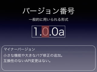 バージョン番号
一般的に用いられる形式
1.0.0a
マイナーバージョン
小さな機能や大きなバグ修正の追加。
互換性のないAPI変更はない。
 