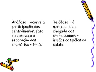 Anáfase  – ocorre a participação dos centrômeros, fato que provoca a separação das cromátise – irmãs. Telófase  – é marcada pela chegada dos cromossomos – irmãos aos pólos da célula. 