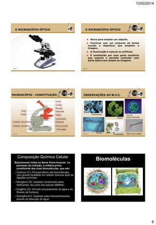 13/02/2014
6
Page  31
O MICROSCÓPIO ÓPTICO
Page  32
O MICROSCÓPIO ÓPTICO
Serve para ampliar um objecto.
Funciona com um conjunto de lentes
(ocular e objectiva) que ampliam a
imagem.
A Iluminação é natural ou artificial.
É constituído por uma parte mecânica
que suporta e permite controlar uma
parte óptica que amplia as imagens.
Page  33
MICROSCÓPIO - CONSTITUIÇÃO
Ocular
Canhão
Revólver
ObjectivasBraço
Platina
Fonte luminosa
Diafragma
Pé ou base
Parafuso macromético
Parafuso micromético
Pinças
Condensador
Page  34
OBSERVAÇÕES AO M.O.C.
Diatomáceas
Ameba
Volvox
Ovo em
desenvolvimento
Protozoários Raiz de um cabelo
Composição Química Celular
– Carbono (C): Principal átomo das biomoléculas,
com grande facilidade em realizar diversos tipos de
ligações químicas;
– Nitrogênio (N): Capitado inicialmente pelos
nitrificantes, faz parte dos radicais AMINAs;
Basicamente todos os Seres Vivos buscam, no
processo da nutrição, a matéria prima
constituinte das suas biomoléculas, que são:
– Oxigênio (O): Oriundo principalmente da água e do
Dióxido de Carbono;
– Hidrogênio(H): Capitado pelos fotossintetizantes
através da absorção de água;
Composição Química da Célula
Biomoléculas
 