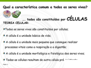 Qual a característica comum a todos os seres vivos?   …. todos são constituídos por  CÉLULAS TEORIA CELULAR: Todos os seres vivos são constituídos por células; A célula é a unidade básica de vida; A célula é a unidade mais pequena que consegue realizar processos vitais como a respiração e a digestão; A célula é a unidade morfológica e fisiológica dos seres vivos; Todas as células resultam de outra célula pré-existente. cagalhão 