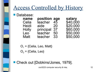 Access Controlled by History Database: name position age salary Celia teacher 45 $40,000 Heidi aide 20 $20,000 Holly principal 37 $60,000 Leo teacher 50 $50,000 Matt teacher 33 $50,000 O 1  = {Celia, Leo, Matt} O 3  = {Celia, Leo} Check out [Dobkins/Jones, 1979]. 