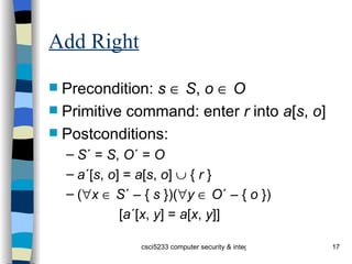 Add Right Precondition:  s      S ,  o      O Primitive command: enter  r  into  a [ s ,  o ] Postconditions: S ´ =  S ,  O ´ =  O a ´[ s ,  o ] =  a [ s ,  o ]    {  r  } (  x      S ´ – {  s  })(  y      O ´ – {  o  }) [ a ´[ x ,  y ] =  a [ x ,  y ]] 