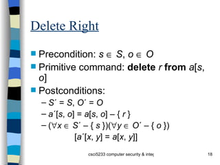 Delete Right Precondition:  s      S ,  o      O Primitive command:  delete   r   from   a [ s ,  o ] Postconditions: S ´ =  S ,  O ´ =  O a ´[ s ,  o ] =  a [ s ,  o ] – {  r  } (  x      S ´ – {  s  })(  y      O ´ – {  o  }) [ a ´[ x ,  y ] =  a [ x ,  y ]] 