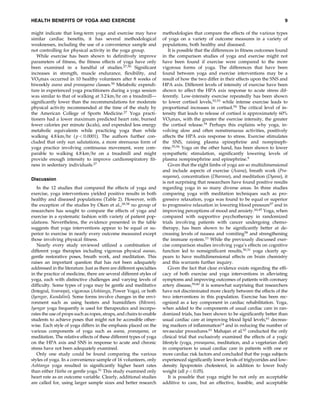 HEALTH BENEFITS OF YOGA AND EXERCISE
might indicate that long-term yoga and exercise may have
similar cardiac beneﬁts, it has several methodological
weaknesses, including the use of a convenience sample and
not controlling for physical activity in the yoga group.
While exercise has been shown to deﬁnitively improve
parameters of ﬁtness, the ﬁtness effects of yoga have only
been examined in a handful of studies.27,50 Signiﬁcant
increases in strength, muscle endurance, ﬂexibility, and
VO2max occurred in 10 healthy volunteers after 8 weeks of
biweekly asana and pranayama classes.50 Metabolic expenditure in experienced yoga practitioners during a yoga session
was similar to that of walking at 3.2 km=hr on a treadmill—
signiﬁcantly lower than the recommendations for moderate
physical activity recommended at the time of the study by
the American College of Sports Medicine.27 Yoga practitioners had a lower maximum predicted heart rate, burned
fewer calories per minute (kcals), and expended less energy
metabolic equivalents while practicing yoga than while
walking 4.8 km=hr ( p < 0.0001). The authors further concluded that only sun salutations, a more strenuous form of
yoga practice involving continuous movement, were comparable to walking 4.8 km=hr on a treadmill and might
provide enough intensity to improve cardiorespiratory ﬁtness in sedentary individuals.27
Discussion
In the 12 studies that compared the effects of yoga and
exercise, yoga interventions yielded positive results in both
healthy and diseased populations (Table 2). However, with
the exception of the studies by Oken et al.,28,38 no group of
researchers has sought to compare the effects of yoga and
exercise in a systematic fashion with variety of patient populations. Nevertheless, the evidence presented in the table
suggests that yoga interventions appear to be equal or superior to exercise in nearly every outcome measured except
those involving physical ﬁtness.
Nearly every study reviewed utilized a combination of
different yoga therapies including vigorous physical asanas,
gentle restorative poses, breath work, and meditation. This
raises an important question that has not been adequately
addressed in the literature. Just as there are different specialties
in the practice of medicine, there are several different styles of
yoga, each with distinctive challenges and varying levels of
difﬁculty. Some types of yoga may be gentle and meditative
(Integral, Svaroopa), vigorous (Ashtanga, Power Yoga), or both
(Iyengar, Kundalini). Some forms involve changes in the environment such as using heaters and humidiﬁers (Bikram).
Iyengar yoga frequently is used for therapeutics and incorporates the use of props such as ropes, straps, and chairs to enable
students to achieve poses that might not be accessible otherwise. Each style of yoga differs in the emphasis placed on the
various components of yoga such as asana, pranayama, or
meditation. The relative effects of these different types of yoga
on the HPA axis and SNS in response to acute and chronic
stress have not been adequately examined.
Only one study could be found comparing the various
styles of yoga. In a convenience sample of 16 volunteers, only
Ashtanga yoga resulted in signiﬁcantly higher heart rates
than either Hatha or gentle yoga.51 This study examined only
heart rate as an outcome variable. Clearly, additional studies
are called for, using larger sample sizes and better research

9
methodologies that compare the effects of the various types
of yoga on a variety of outcome measures in a variety of
populations, both healthy and diseased.
It is possible that the differences in ﬁtness outcomes found
in the comparison studies of yoga and exercise might not
have been found if exercise were compared to the more
vigorous forms of yoga. The differences that have been
found between yoga and exercise interventions may be a
result of how the two differ in their effects upon the SNS and
HPA axis. Different levels of intensity of exercise have been
shown to affect the HPA axis response to acute stress differently. Low-intensity exercise repeatedly has been shown
to lower cortisol levels,52,53 while intense exercise leads to
proportional increases in cortisol.54 The critical level of intensity that leads to release of cortisol is approximately 60%
VO2max, with the greater the exercise intensity, the greater
the cortisol release.54 Perhaps this explains why yoga, involving slow and often nonstrenuous activities, positively
affects the HPA axis response to stress. Exercise stimulates
the SNS, raising plasma epinephrine and norepinephrine.55,56 Yoga on the other hand, has been shown to lower
sympathetic stimulation, signiﬁcantly lowering levels of
plasma norepinephrine and epinephrine.9
Given that the eight limbs of yoga are so multidimensional
and include aspects of exercise (Asana), breath work (Pranayama), concentration (Dharana), and meditation (Dyana), it
is not surprising that researchers have found positive results
regarding yoga in so many diverse areas. In three studies
comparing yoga with meditation techniques such as progressive relaxation, yoga was found to be equal or superior
to progressive relaxation in lowering blood pressure57 and in
improving perceptions of mood and anxiety.44,45 Yoga, when
compared with supportive psychotherapy in randomized
trials involving patients with cancer undergoing chemotherapy, has been shown to be signiﬁcantly better at decreasing levels of nausea and vomiting58 and strengthening
the immune system.13 While the previously discussed exercise comparison studies involving yoga’s effects on cognitive
function led to nonsigniﬁcant results,30,31 yoga clearly appears to have multidimensional effects on brain chemistry
and this warrants further inquiry.
Given the fact that clear evidence exists regarding the efﬁcacy of both exercise and yoga interventions in alleviating
symptoms and improving outcomes of patients with coronary
artery disease,59,60 it is somewhat surprising that researchers
have not discriminated more clearly between the effects of the
two interventions in this population. Exercise has been recognized as a key component in cardiac rehabilitation. Yoga,
when added to the components of usual cardiac care in randomized trials, has been shown to be signiﬁcantly better than
usual cardiac care at improving blood lipid levels,61 decreasing markers of inﬂammation14 and in reducing the number of
revascular procedures.61 Mahajan et al.62 conducted the only
clinical trial that exclusively examined the effects of a yogic
lifestyle (yoga, pranayama, meditation, and a vegetarian diet)
in comparison to usual cardiac care in patients with one or
more cardiac risk factors and concluded that the yoga subjects
experienced signiﬁcantly lower levels of triglycerides and lowdensity lipoprotein cholesterol, in addition to lower body
weight (all p < 0.05).
It is possible that yoga might be not only an acceptable
additive to care, but an effective, feasible, and acceptable

 