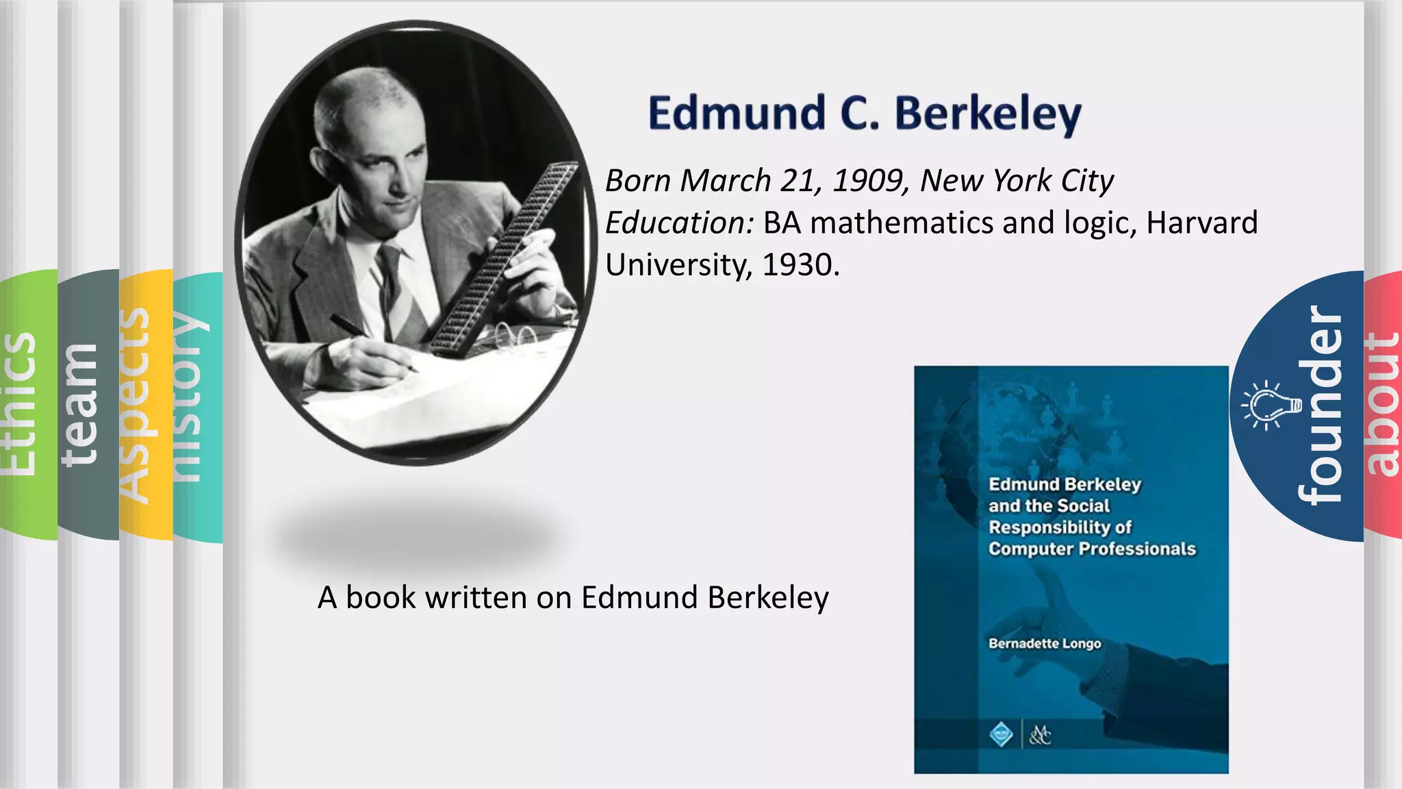 about
“ACM”
Association for computing machinery
An international learned society for computing. It was
founded in 1947, and is the world's largest scientific
and educational computing society. The ACM is a non-
profit professional membership group, with more than
100,000 members as of 2011. Its headquarters are in
New York City.
founder
history
Aspects
team
Ethics
Born March 21, 1909, New York City
Education: BA mathematics and logic, Harvard
University, 1930.
A book written on Edmund Berkeley
 