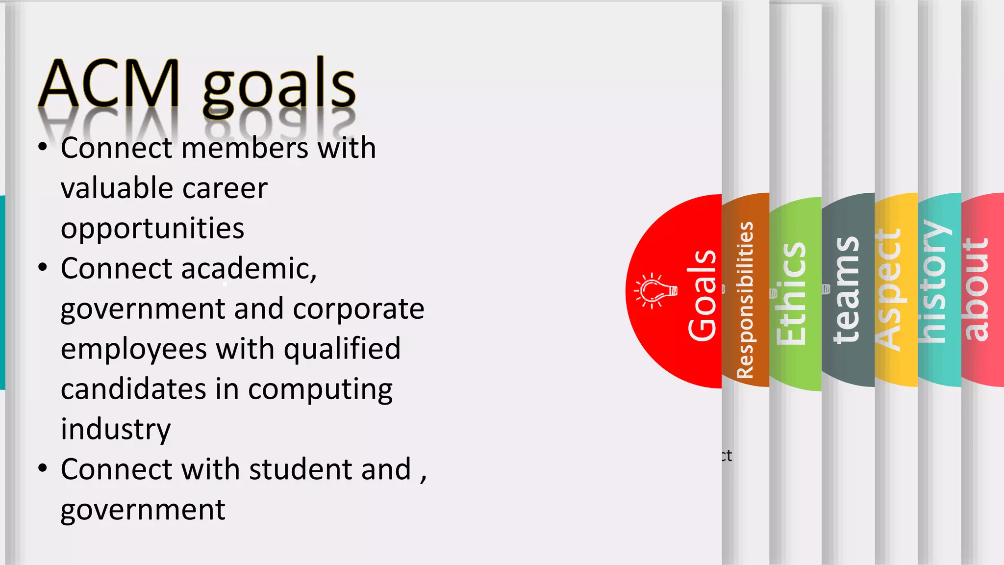 about
history
Aspect
teams
Ethics
GENERAL ETHICAL PRINCIPLES.
Contribute to society and to
human well-being,
acknowledging that all people
are stakeholders in computing.
Be fair and take action not to
discriminate.
Be honest and trustworthy.
Respect the work required to
produce new ideas, inventions,
creative works, and computing
artifacts..
Respect privacy and Respect
privacy
Avoid harm
Responsibilities
PROFESSIONAL RESPONSIBILITIES.
Strive to achieve high quality in
both the processes and products
of professional work.
Know and respect existing
rules pertaining to
professional work..
Know and respect existing rules
pertaining to professional work.
Respect the work required to
produce new ideas, inventions,
creative works, and computing
artifacts..
Respect privacy and Respect
privacy
Maintain high standards
of professional
competence, conduct,
and ethical practice
•
Goals
• Connect members with
valuable career
opportunities
• Connect academic,
government and corporate
employees with qualified
candidates in computing
industry
• Connect with student and ,
government
 