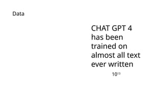 CHAT GPT 4
has been
trained on
almost all text
ever written
1013
Data
 