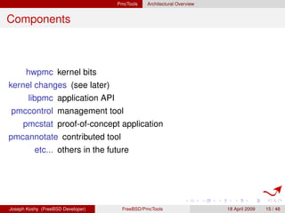 PmcTools   Architectural Overview


Components



      hwpmc kernel bits
kernel changes (see later)
       libpmc applica...
