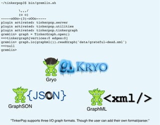 ~/tinkerpop3$ bin/gremlin.sh
,,,/
(o o)
-----oOOo-(3)-oOOo-----
plugin activated: tinkerpop.server
plugin activated: tinkerpop.utilities
plugin activated: tinkerpop.tinkergraph
gremlin> graph = TinkerGraph.open()
==>tinkergraph[vertices:0 edges:0]
gremlin> graph.io(graphml()).readGraph('data/grateful-dead.xml')
==>null
gremlin>
GraphML
Gryo
GraphSON
"TinkerPop supports three I/O graph formats. Though the user can add their own format/parser."
 