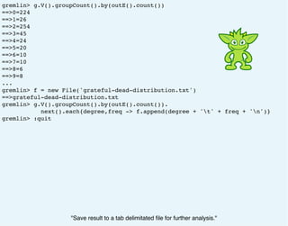 gremlin> g.V().groupCount().by(outE().count())
==>0=224
==>1=26
==>2=254
==>3=45
==>4=24
==>5=20
==>6=10
==>7=10
==>8=6
==>9=8
...
gremlin> f = new File('grateful-dead-distribution.txt')
==>grateful-dead-distribution.txt
gremlin> g.V().groupCount().by(outE().count()).
next().each{degree,freq -> f.append(degree + 't' + freq + 'n')}
gremlin> :quit
"Save result to a tab delimitated ﬁle for further analysis."
 