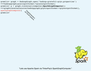 gremlin> graph = HadoopGraph.open('hadoop-grateful-gryo.properties')
==>hadoopgraph[gryoinputformat->gryooutputformat]
gremlin> g = graph.traversal(computer(SparkGraphComputer))
==>graphtraversalsource[hadoopgraph[gryoinputformat->gryooutputformat],
sparkgraphcomputer]
gremlin>
G
raphCom
puter's
are
O
LAP
system
s
"Lets use Apache Spark via TinkerPop's SparkGraphComputer."
 
