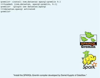 gremlin> :install com.datastax sparql-gremlin 0.1
==>Loaded: [com.datastax, sparql-gremlin, 0.1]
gremlin> :plugin use datastax.sparql
==>datastax.sparql activated
gremlin>
"Install the SPARQL-Gremlin compiler developed by Daniel Kuppitz of DataStax."
 