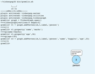 ~/tinkerpop3$ bin/gremlin.sh
,,,/
(o o)
-----oOOo-(3)-oOOo-----
plugin activated: tinkerpop.server
plugin activated: tinkerpop.utilities
plugin activated: tinkerpop.tinkergraph
gremlin> graph = TinkerGraph.open()
==>tinkergraph[vertices:0 edges:0]
gremlin> v1 = graph.addVertex(id,1,label,'person')
==>v[1]
gremlin> v1.property('name','marko')
==>vp[name->marko]
gremlin> v1.property('age',36)
==>vp[age->36]
gremlin> v3 = graph.addVertex(id,3,label,'person','name','kuppitz','age',33)
==>v[3]
gremlin>
3
person
name:kuppitz
age:33
 