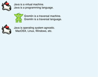 Java is a virtual machine.
Java is a programming language.
Gremlin is a traversal machine.
Gremlin is a traversal language.
Java is operating system agnostic.
MacOSX, Linux, Windows, etc.
 