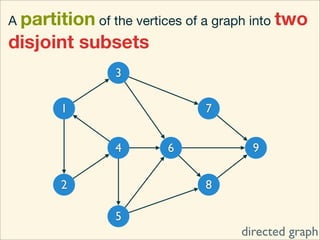 A partition of the vertices of a graph into two
disjoint subsets
                3

        1                     7


                4        6            9

        2                     8

                5
                                    directed graph
 