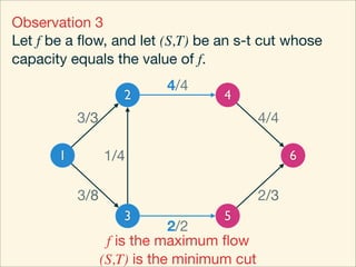 Observation 3
Let f be a ﬂow, and let (S,T) be an s-t cut whose
capacity equals the value of f.
                           4/4
                    2               4
           3/3                              4/4

       1         1/4                              6

           3/8                              2/3
                    3               5
                             2/2
                  f is the maximum ﬂow
                 (S,T) is the minimum cut
 