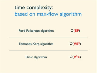 time complexity:
based on max-ﬂow algorithm

 Ford-Fulkerson algorithm   O(EF)


 Edmonds-Karp algorithm     O(VE2)


     Dinic algorithm        O(V2E)
 
