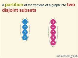 A partition of the vertices of a graph into two
disjoint subsets

              1                 4
              2                 6
              3                 7
              5                 8
                                9



                                    undirected graph
 