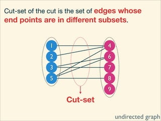 Cut-set of the cut is the set of edges whose
end points are in diﬀerent subsets.


              1                  4
              2                  6
              3                  7
              5                  8
                                 9
                   Cut-set

                                     undirected graph
 