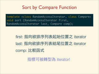 Sort by Compare Function
template <class RandomAccessIterator, class Compare>
void sort (RandomAccessIterator first,
RandomAccessIterator last, Compare comp);



     ﬁrst: 指向欲排序列表起始位置之 iterator
     last: 指向欲排序列表結尾位置之 iterator
     comp: 比較函式

            指標可被轉型為 iterator!
 