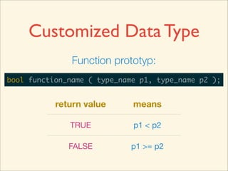 Customized Data Type
               Function prototyp:
bool function_name ( type_name p1, type_name p2 );


           return value      means

              TRUE           p1 < p2

              FALSE          p1 >= p2
 