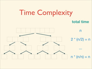Time Complexity
              total time

                   n

              2 * (n/2) = n

                   ...

              n * (n/n) = n
 