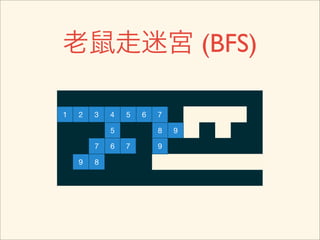 老鼠走迷宮 (BFS)

1   2   3   4   5   6   7

            5           8   9

        7   6   7       9

    9   8
 