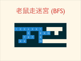 老鼠走迷宮 (BFS)

1   2   3   4   5   6   7

            5           8    9   10

        7   6   7       9

    9   8               10
 