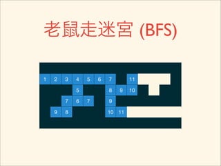 老鼠走迷宮 (BFS)

1   2   3   4   5   6   7       11

            5           8   9   10

        7   6   7       9

    9   8               10 11
 