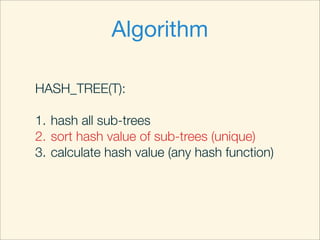 Algorithm
HASH_TREE(T):
1. hash all sub-trees
2. sort hash value of sub-trees (unique)
3. calculate hash value (any hash function)
 