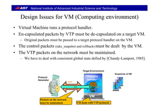 National Institute of Advanced Industrial Science and Technology
Design Issues for VM (Computing environment)Design Issues for VM (Computing environment)
• Virtual Machine runs a protocol handler.
• En-capsulated packets by VTP must be de-capsulated on a target VM.
– Original packets must be passed to a target protocol handler on the VM.
• The control packets (take_snapshot and rollback) must be dealt by the VM.
• The VTP packets on the network must be maintained.
– We have to deal with consistent global state defied by [Chandy-Lamport, 1985].
Protocol
Generator
Target Environment
Snapshots of VM
VTP
Protocol
handler
TLS
VTP
VM deals with VTP protocol.
Packets on the network
must be maintained.
VM
 